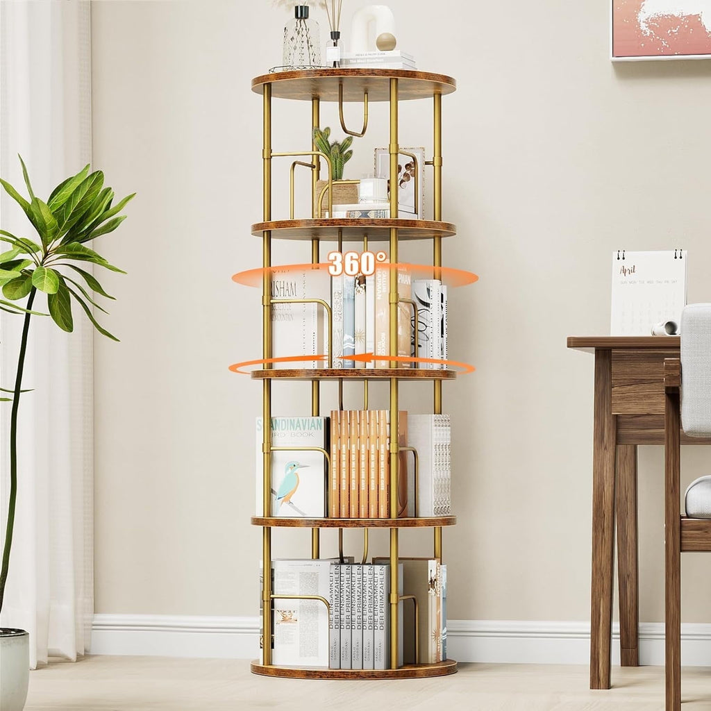 Flycity 4 Tier Rotating Bookshelf, 360Â° Display Rotating Bookcase Corner Storage Rack with Special Visible Partition Storage, Gold