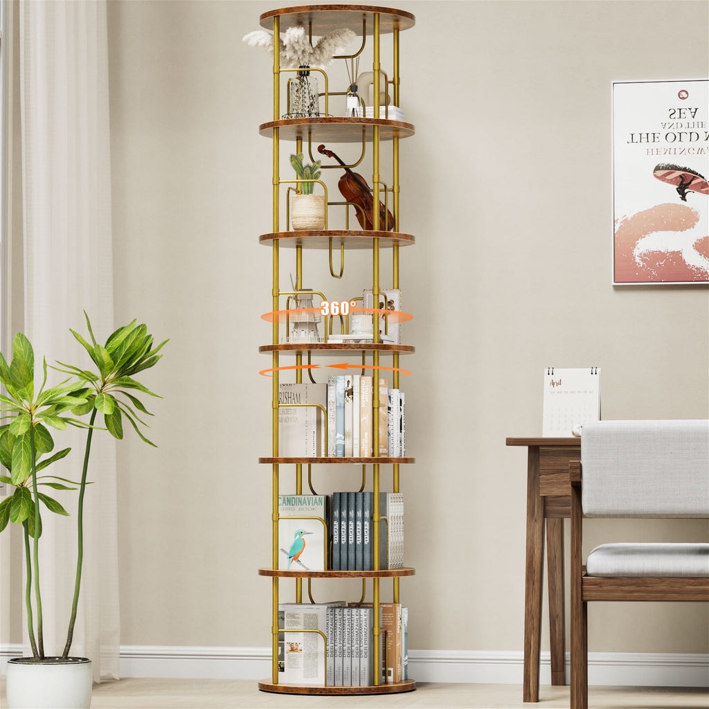 Flycity 6 Tier Rotating Bookshelf, 360° Display Rotating Bookcase Corner Storage Rack with Special Visible Partition Storage, Gold