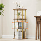 Flycity 3 Tier Rotate Bookcases, 360° Display Spin Bookcases Corner Shelf with Special Visible Partition Storage, Gold
