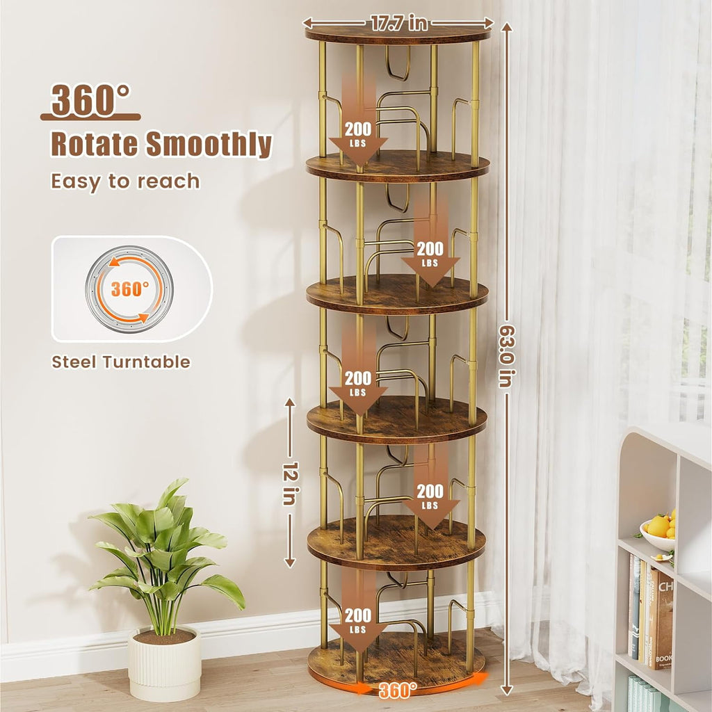 Flycity 5 Tier Rotate Bookcases, 360° Display Spin Bookcases Corner Shelf with Special Visible Partition Storage, Gold