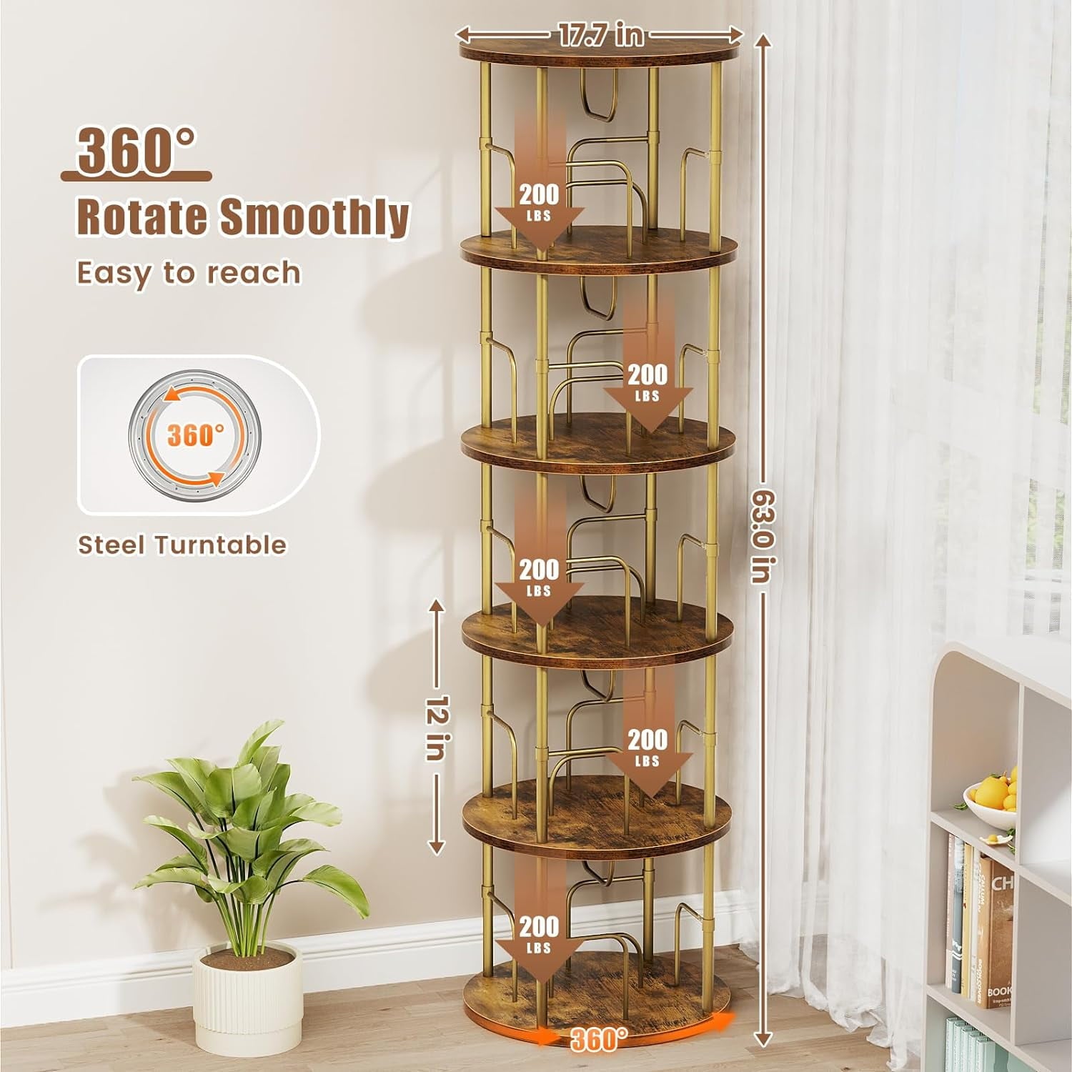 Flycity 5 Tier Rotate Bookcases, 360° Display Spin Bookcases Corner Shelf with Special Visible Partition Storage, Gold