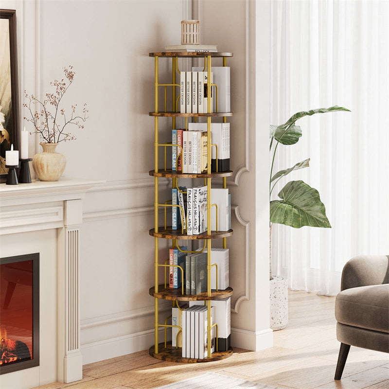 Flycity 5 Tier Rotating Bookshelf, 360° Display Rotating Bookcase Corner Storage Rack with Special Visible Partition Storage, Gold
