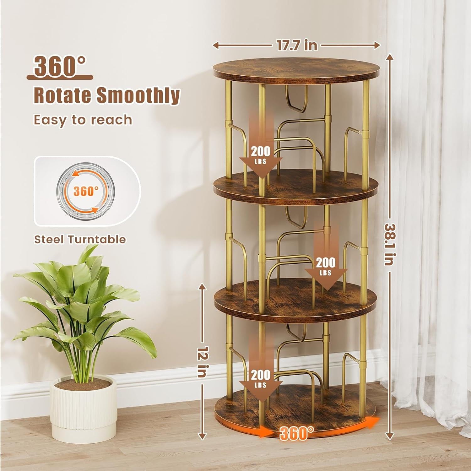 Flycity 3 Tier Rotate Bookcases, 360° Display Spin Bookcases Corner Shelf with Special Visible Partition Storage, Gold
