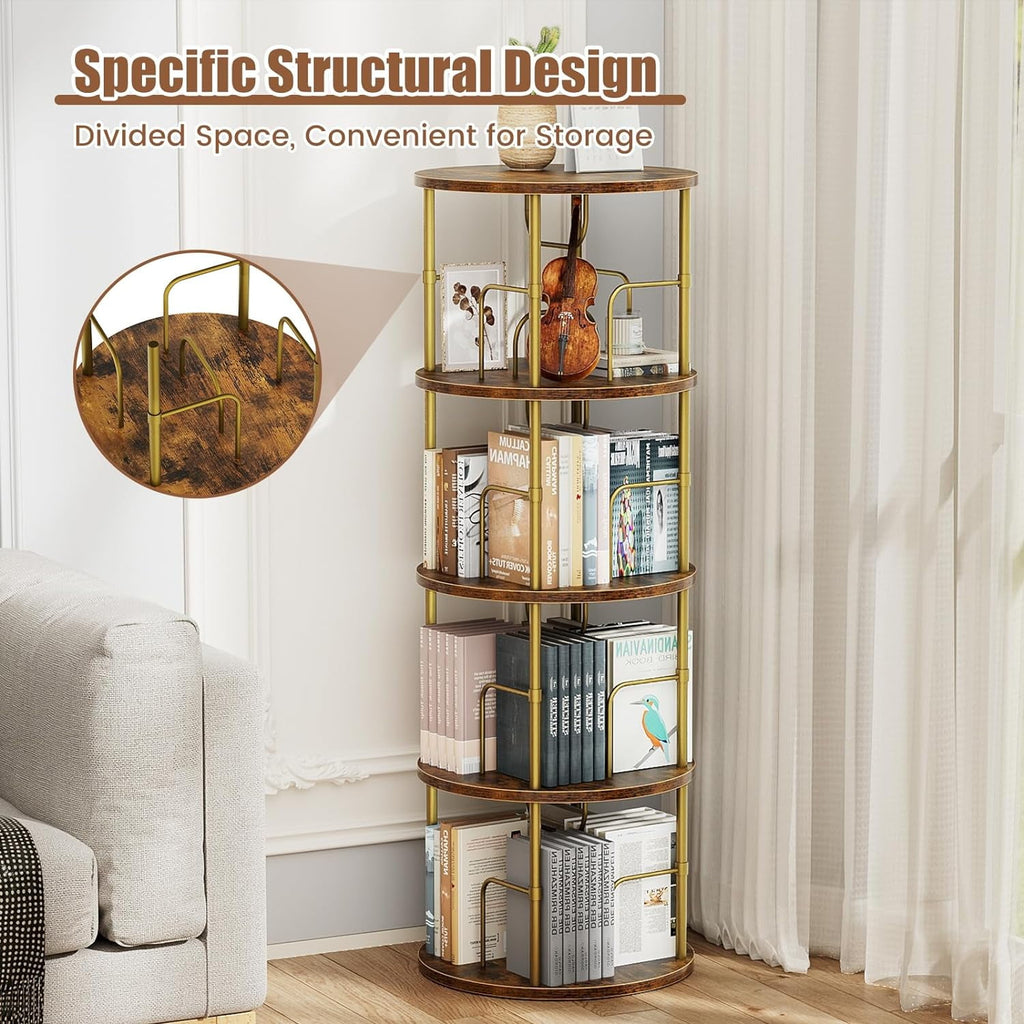 Flycity 4 Tier Rotating Bookshelf, 360Â° Display Rotating Bookcase Corner Storage Rack with Special Visible Partition Storage, Gold