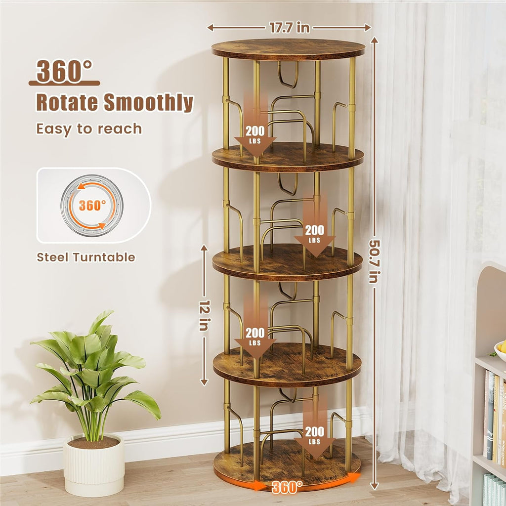 Flycity 4 Tier Rotating Bookshelf, 360Â° Display Rotating Bookcase Corner Storage Rack with Special Visible Partition Storage, Gold