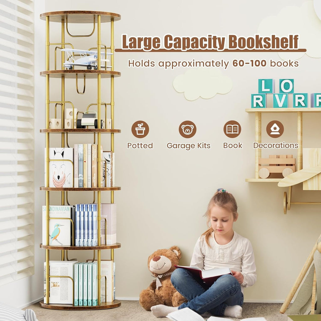 Flycity 5 Tier Rotate Bookcases, 360° Display Spin Bookcases Corner Shelf with Special Visible Partition Storage, Gold