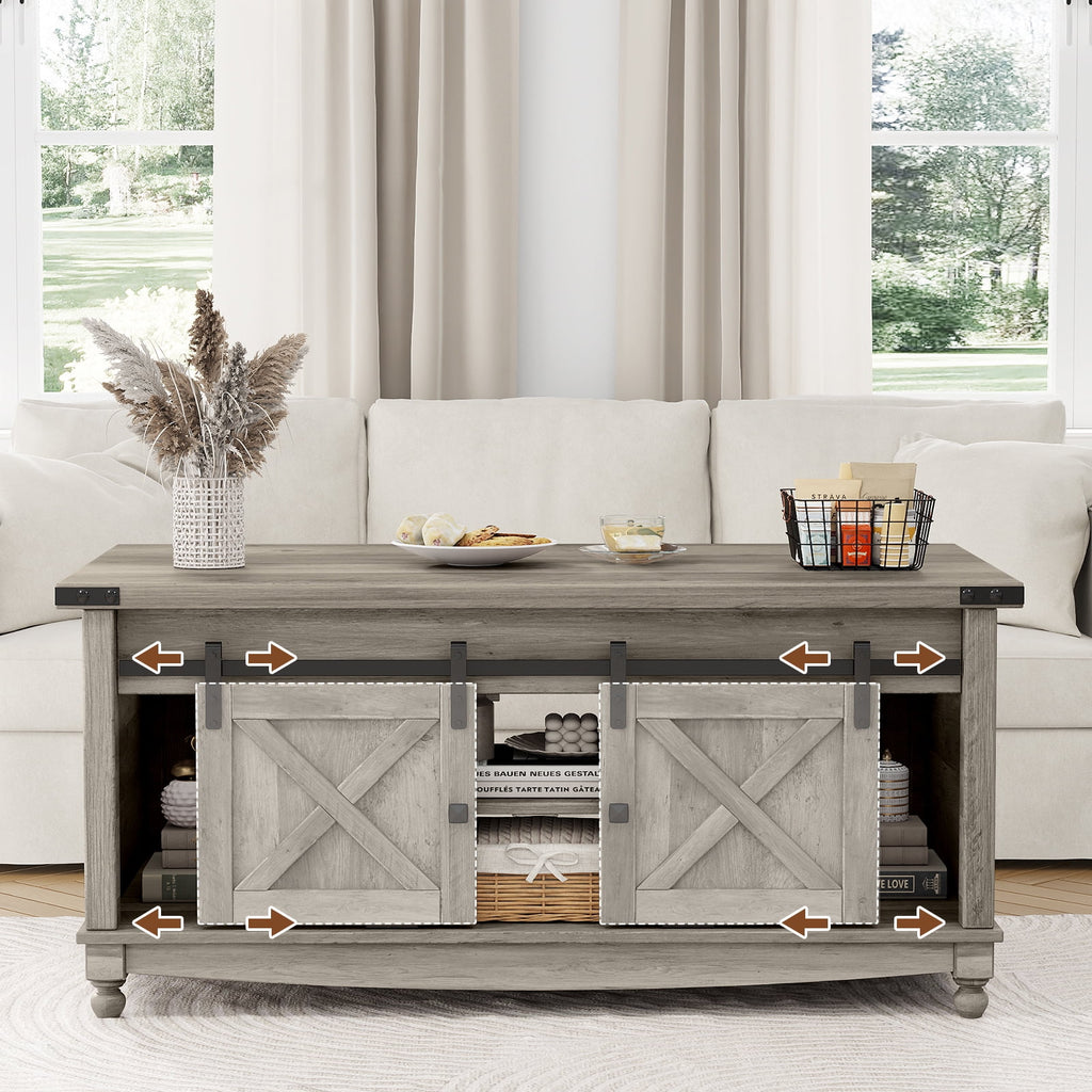 Flycity 48" Farmhouse Lift Top Coffee Table with Storage Sliding Barn Door, Pull up Coffee Table with Hidden Compartment for Living Room Bedroom, Gray