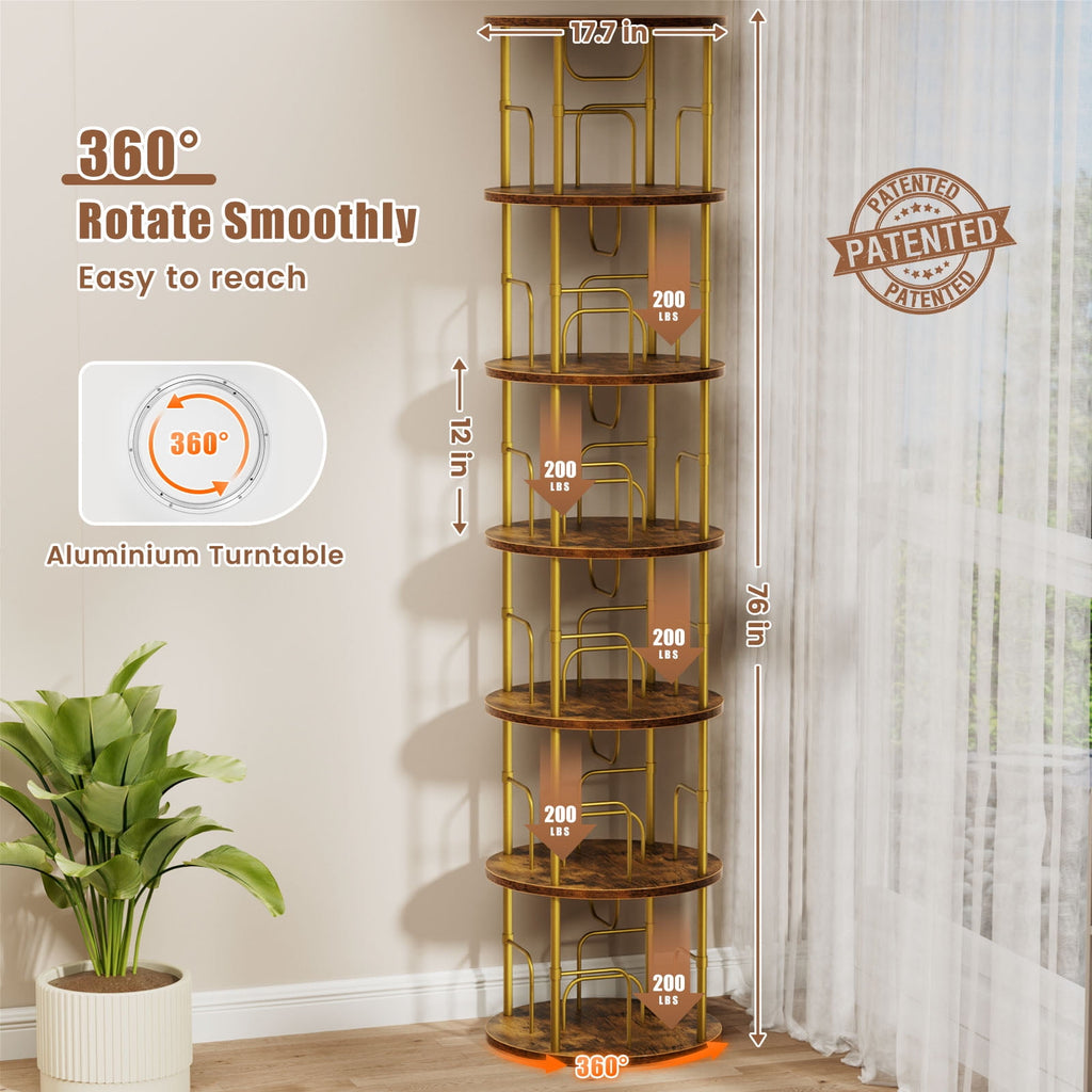 Flycity 6 Tier Rotating Bookshelf, 360° Display Rotating Bookcase Corner Storage Rack with Special Visible Partition Storage, Gold