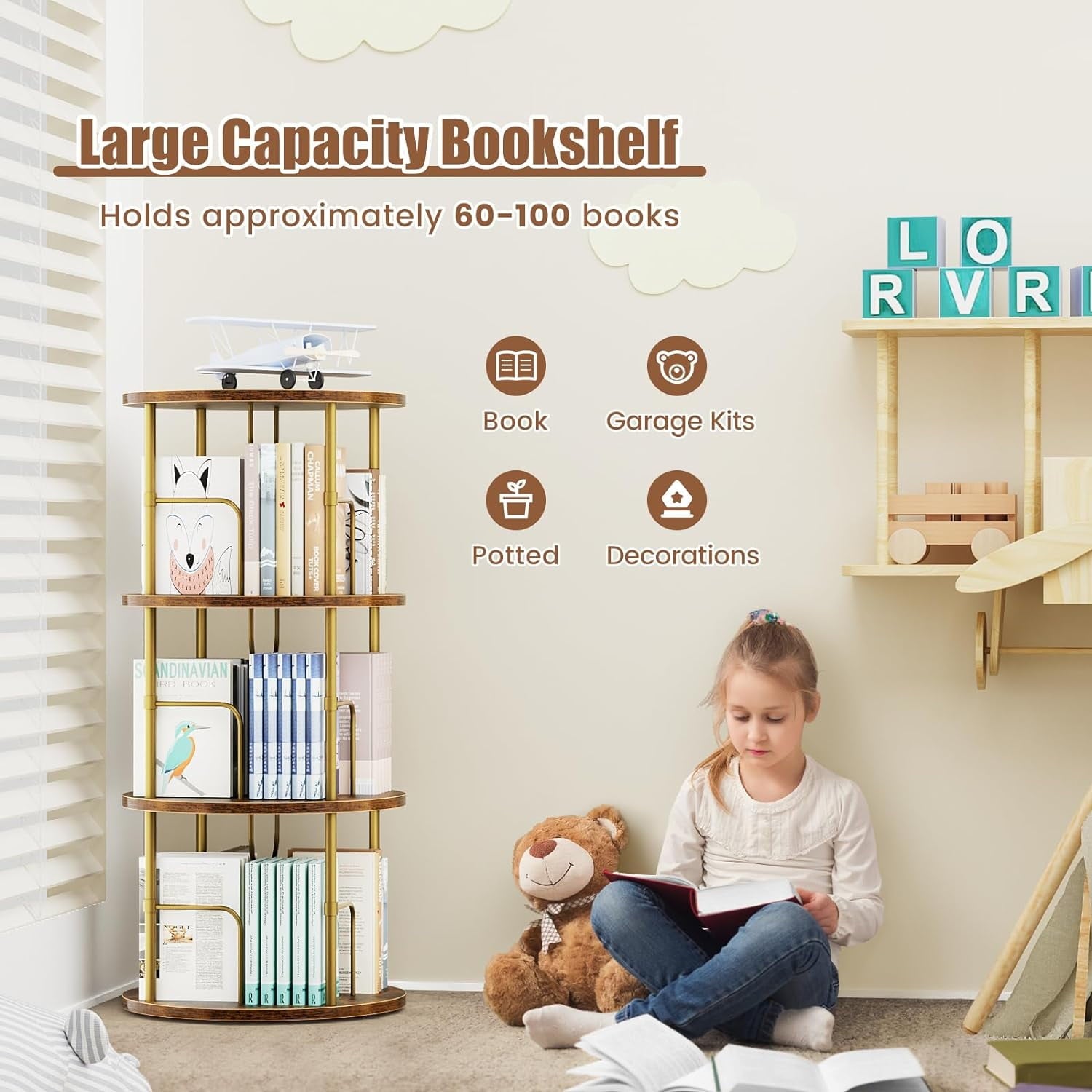 Flycity 3 Tier Rotate Bookcases, 360° Display Spin Bookcases Corner Shelf with Special Visible Partition Storage, Gold
