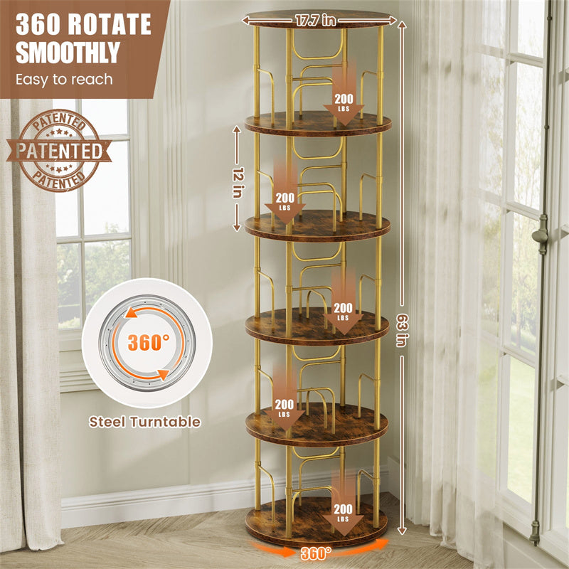 Flycity 5 Tier Rotating Bookshelf, 360° Display Rotating Bookcase Corner Storage Rack with Special Visible Partition Storage, Gold