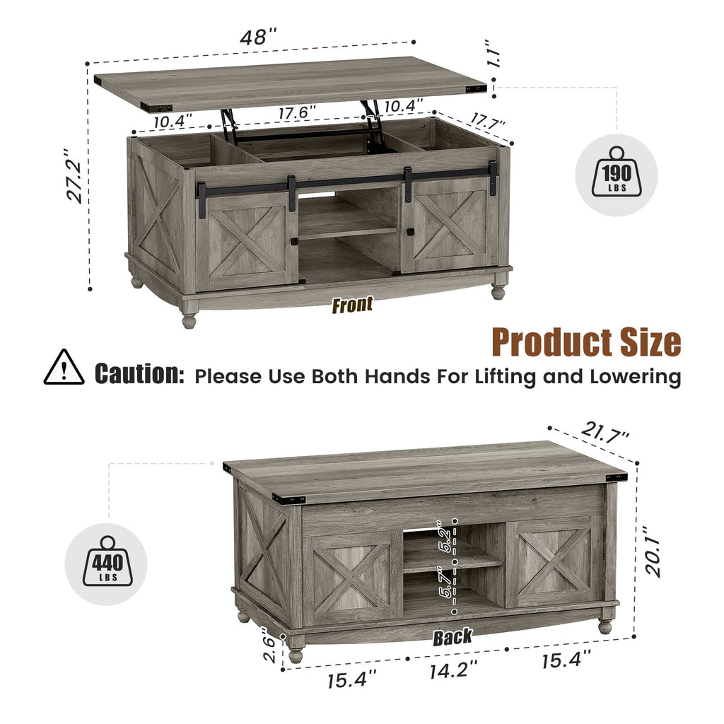 Flycity 48" Farmhouse Lift Top Coffee Table with Storage Sliding Barn Door, Pull up Coffee Table with Hidden Compartment for Living Room Bedroom, Gray
