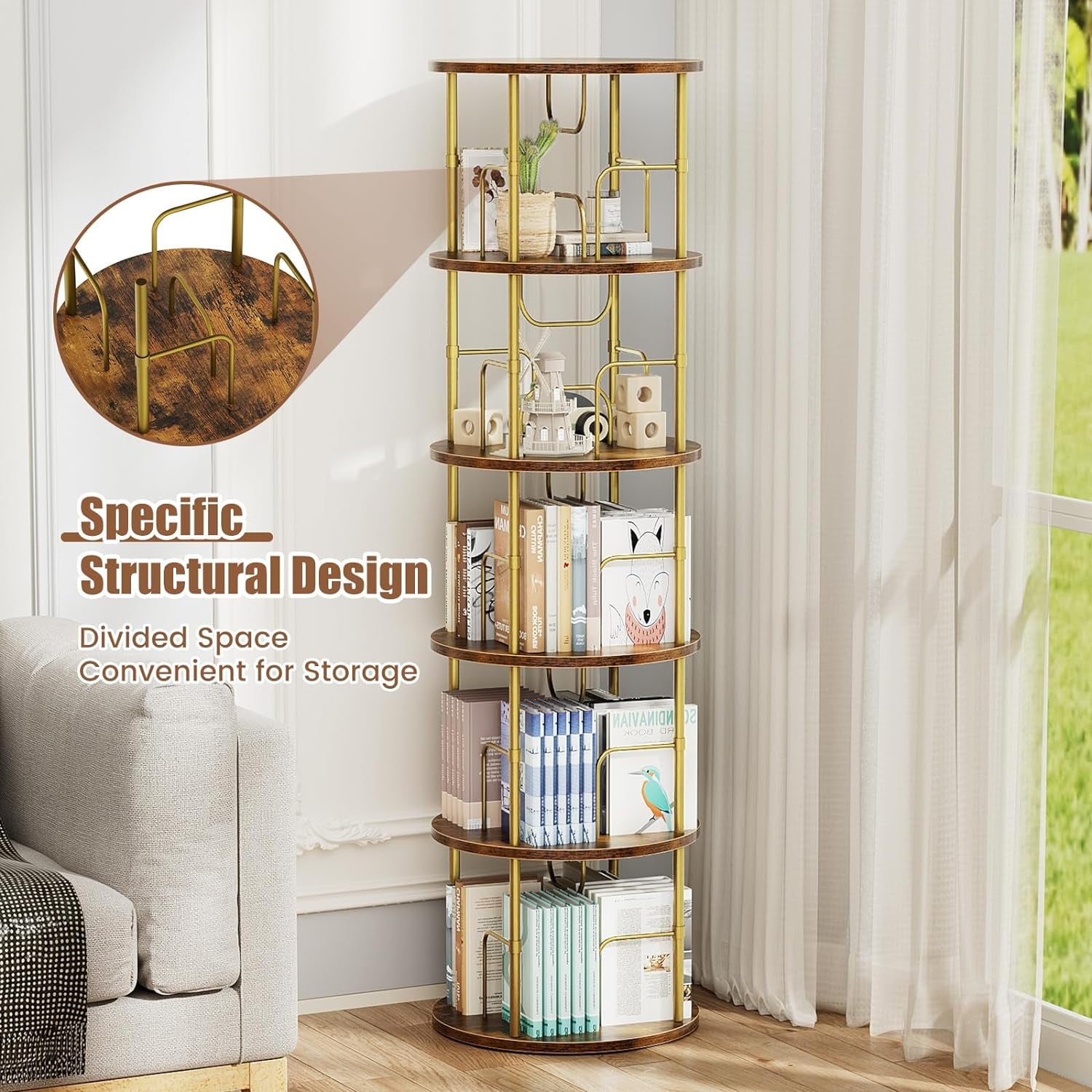 Flycity 5 Tier Rotate Bookcases, 360° Display Spin Bookcases Corner Shelf with Special Visible Partition Storage, Gold