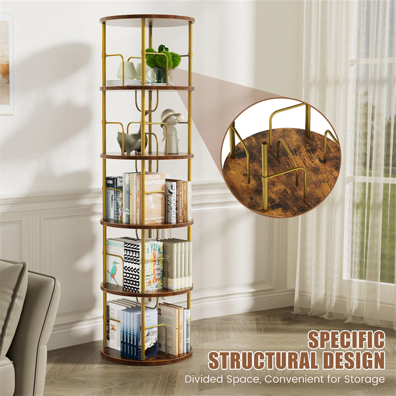 Flycity 5 Tier Rotating Bookshelf, 360° Display Rotating Bookcase Corner Storage Rack with Special Visible Partition Storage, Gold