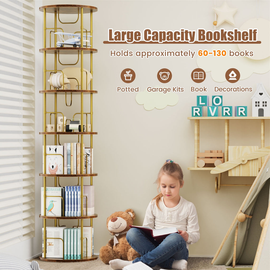 Flycity 6 Tier Rotating Bookshelf, 360° Display Rotating Bookcase Corner Storage Rack with Special Visible Partition Storage, Gold