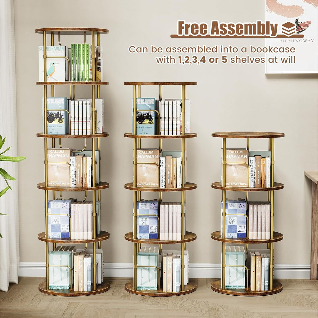 Flycity 3 Tier Rotate Bookcases, 360° Display Spin Bookcases Corner Shelf with Special Visible Partition Storage, Gold