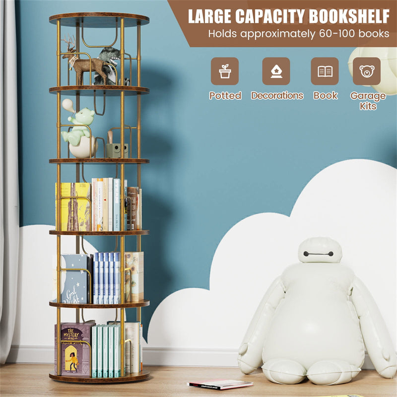Flycity 5 Tier Rotating Bookshelf, 360° Display Rotating Bookcase Corner Storage Rack with Special Visible Partition Storage, Gold