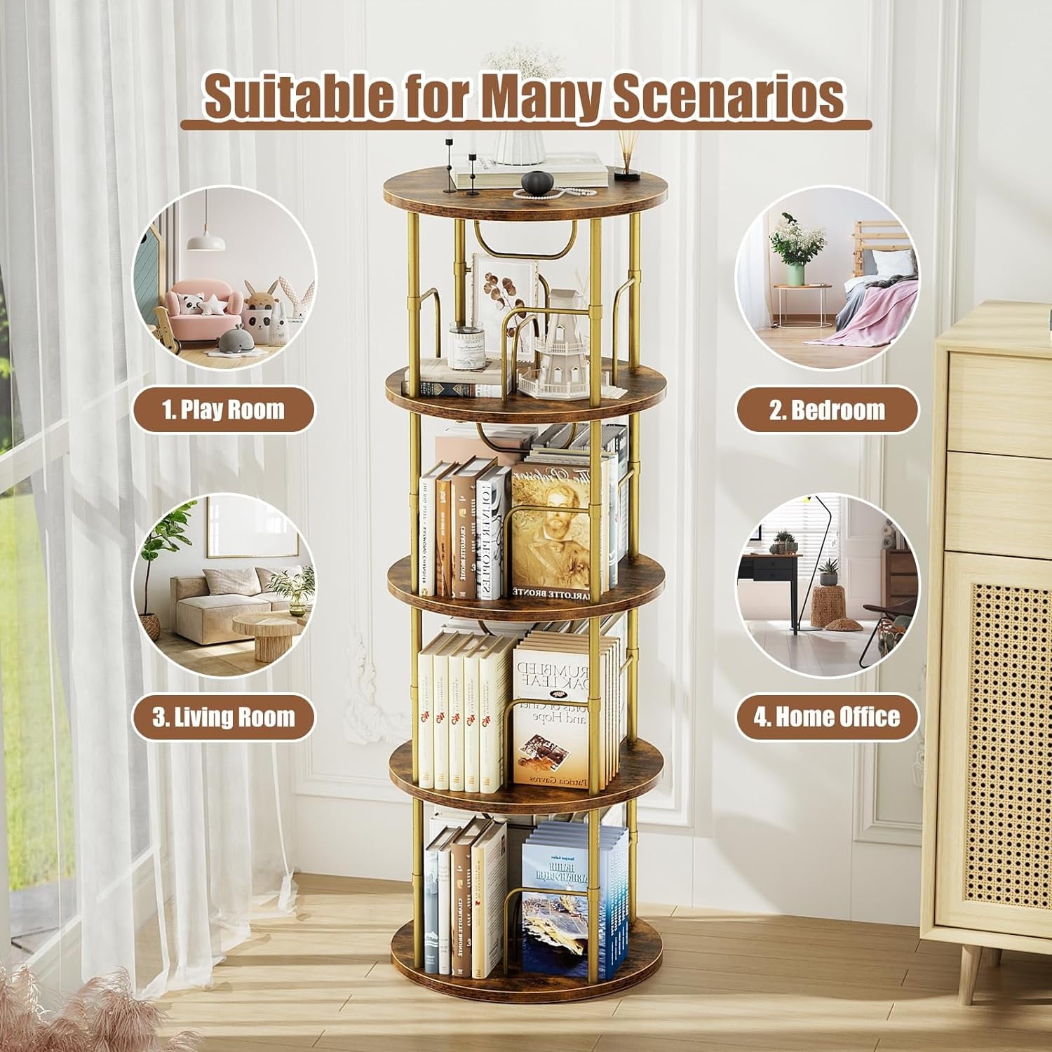Flycity 4 Tier Rotating Bookshelf, 360Â° Display Rotating Bookcase Corner Storage Rack with Special Visible Partition Storage, Gold