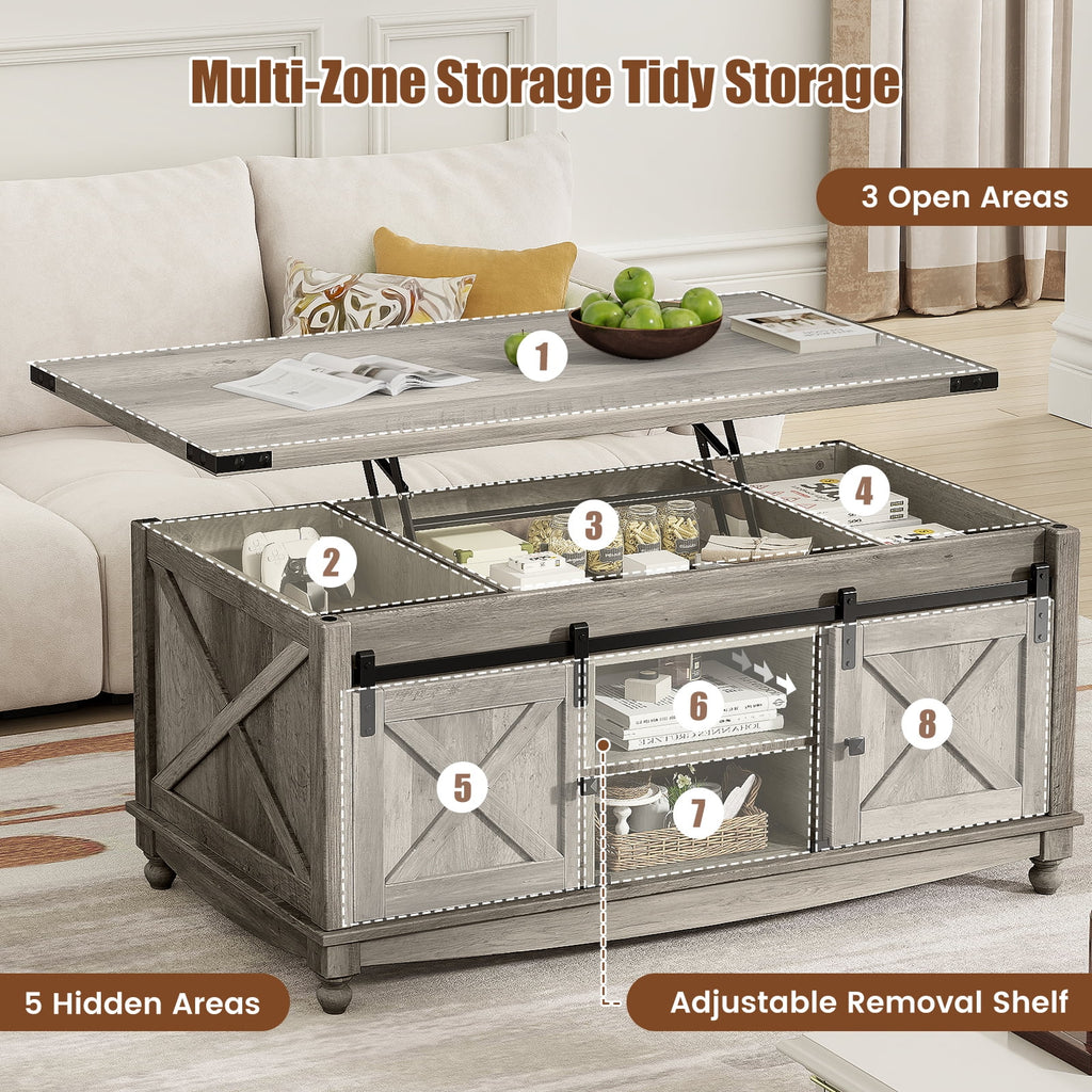 Flycity 48" Farmhouse Lift Top Coffee Table with Storage Sliding Barn Door, Pull up Coffee Table with Hidden Compartment for Living Room Bedroom, Gray