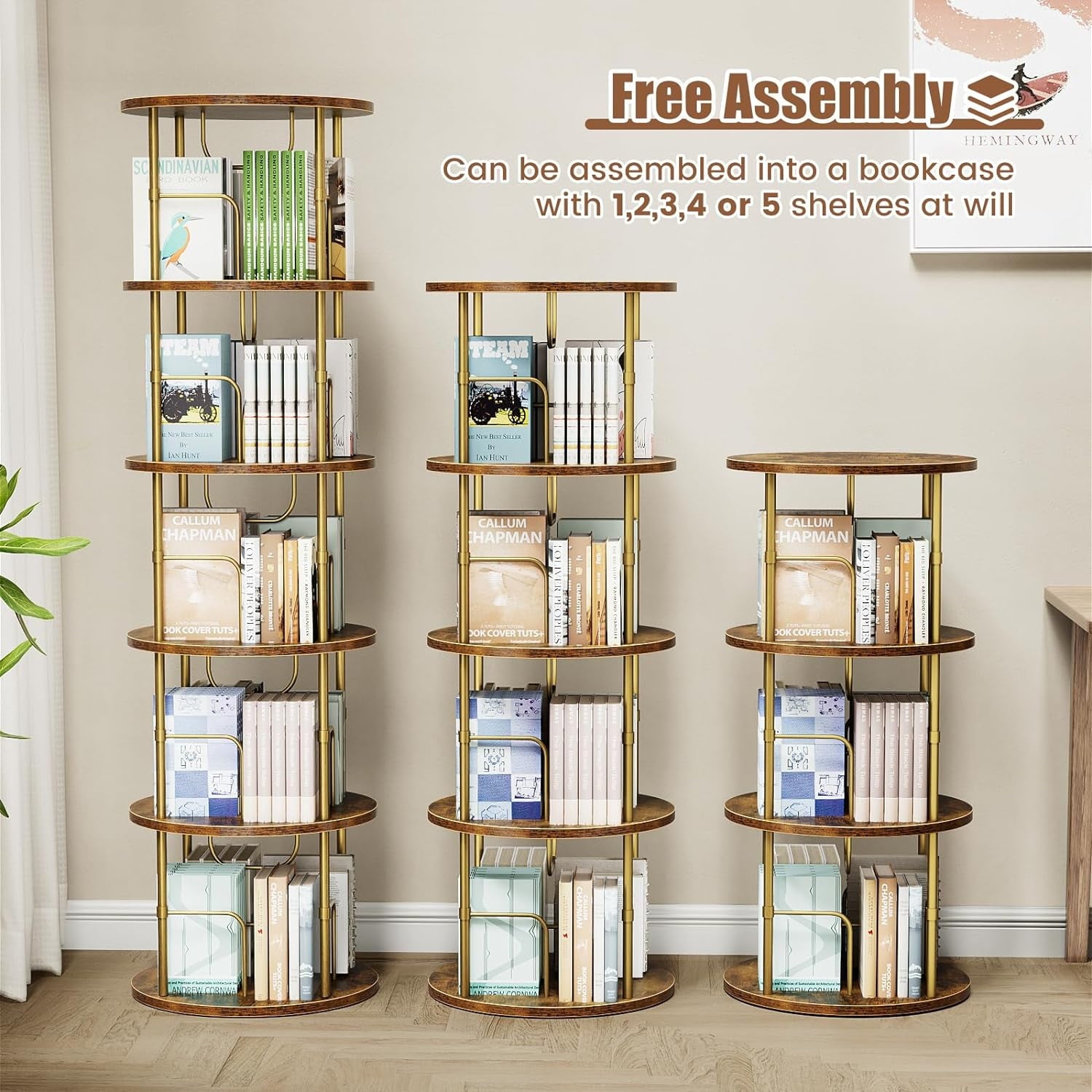 Flycity 5 Tier Rotate Bookcases, 360° Display Spin Bookcases Corner Shelf with Special Visible Partition Storage, Gold