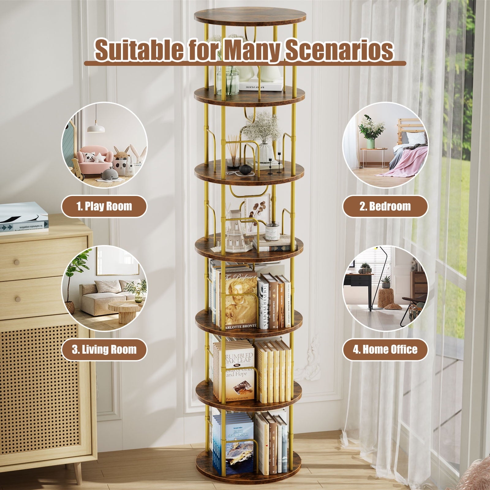 Flycity 6 Tier Rotating Bookshelf, 360° Display Rotating Bookcase Corner Storage Rack with Special Visible Partition Storage, Gold