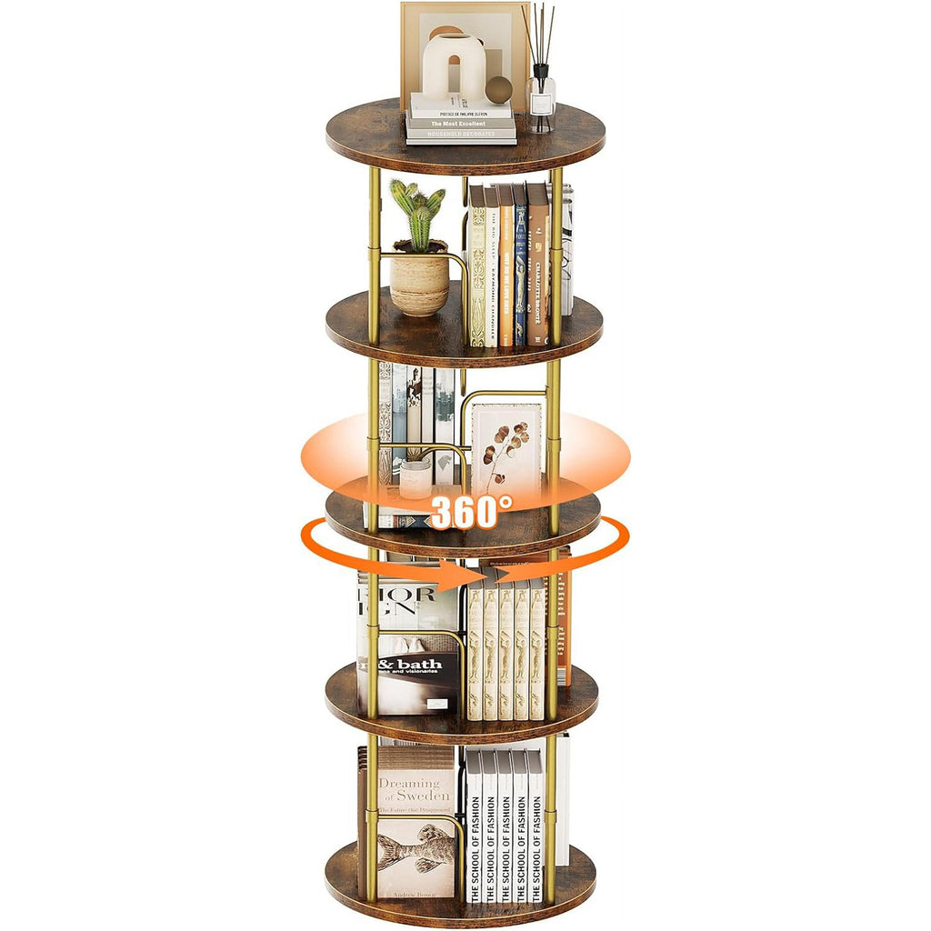 Flycity 4 Tier Rotating Bookshelf, 360Â° Display Rotating Bookcase Corner Storage Rack with Special Visible Partition Storage, Gold