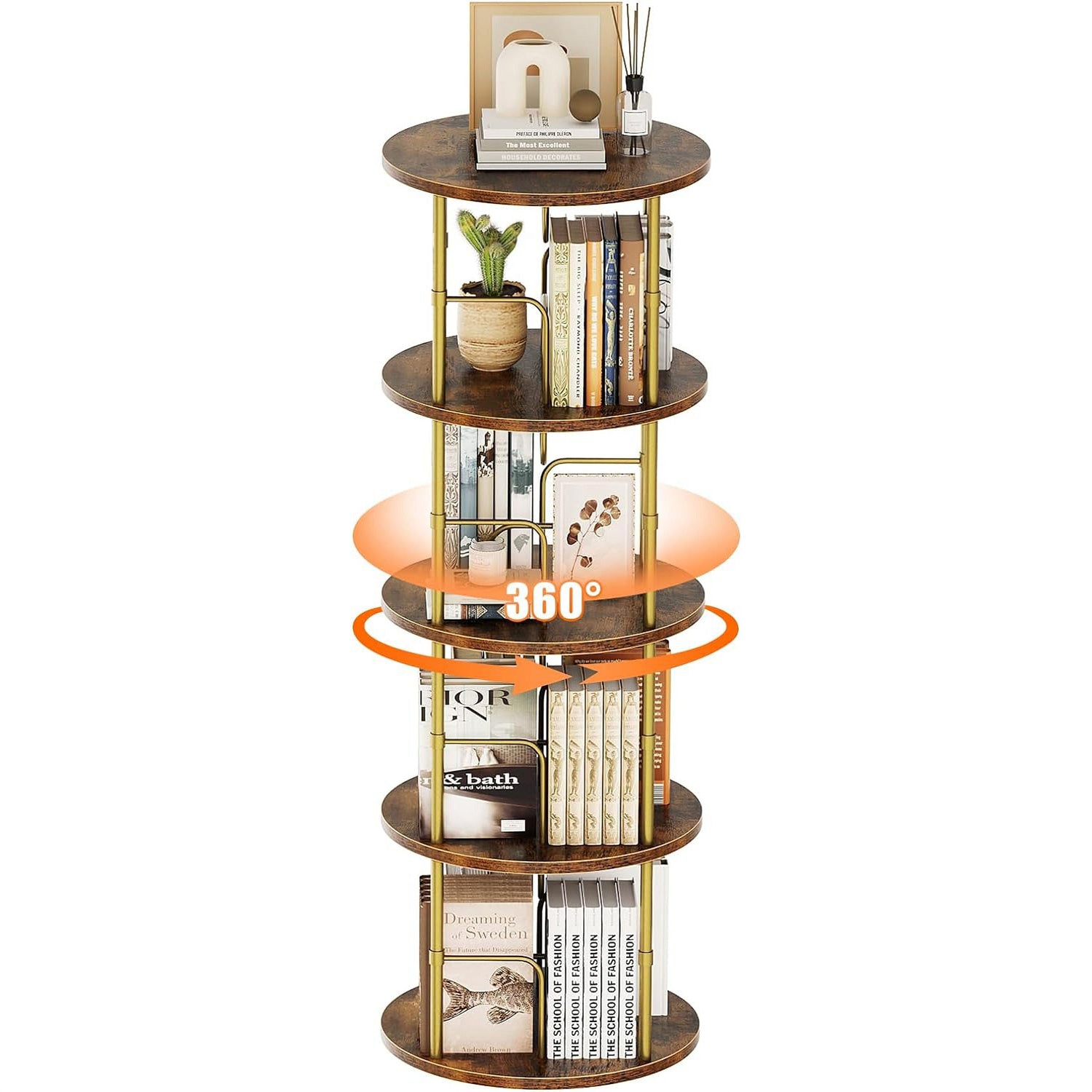 Flycity 4 Tier Rotating Bookshelf, 360Â° Display Rotating Bookcase Corner Storage Rack with Special Visible Partition Storage, Gold