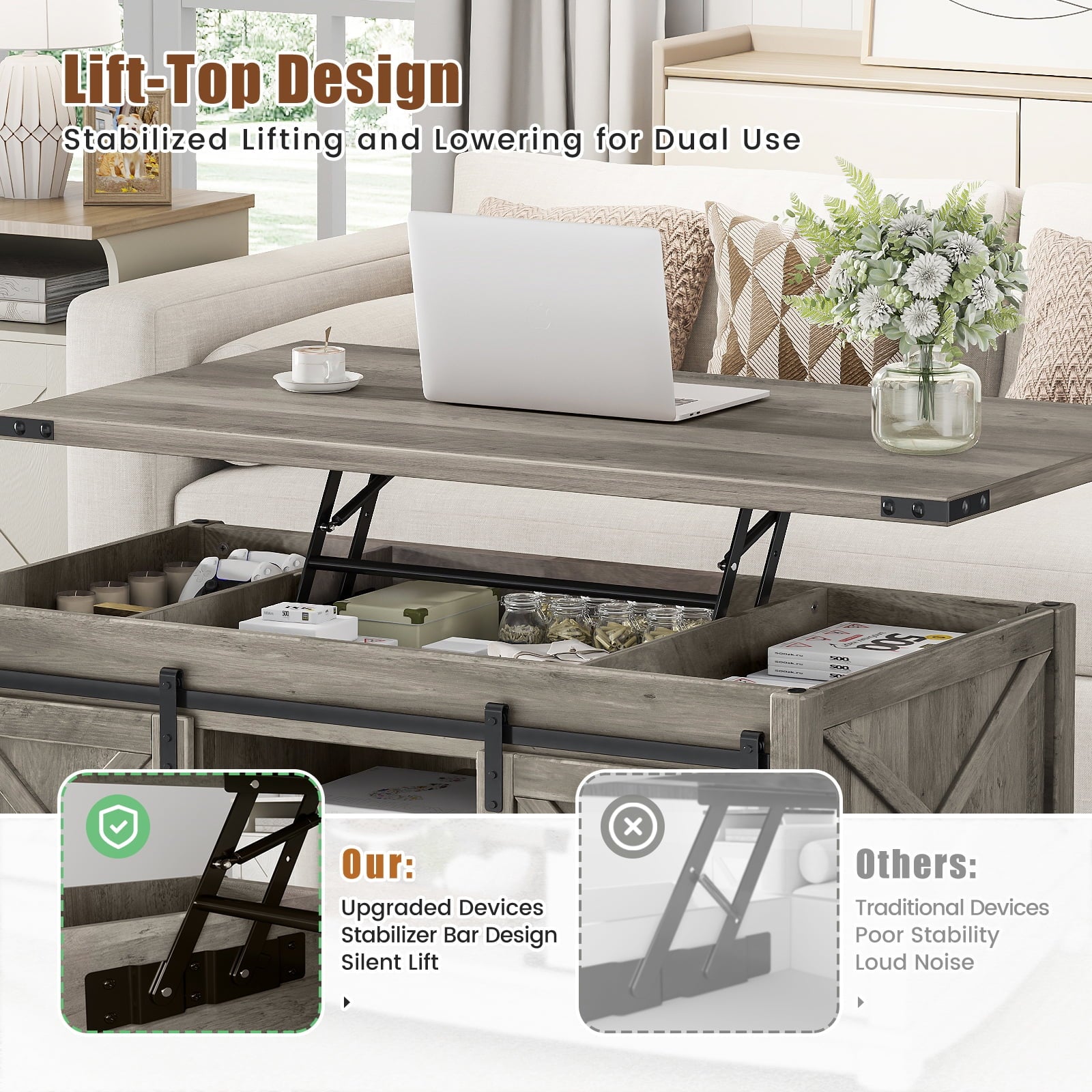 Flycity 48" Farmhouse Lift Top Coffee Table with Storage Sliding Barn Door, Pull up Coffee Table with Hidden Compartment for Living Room Bedroom, Gray