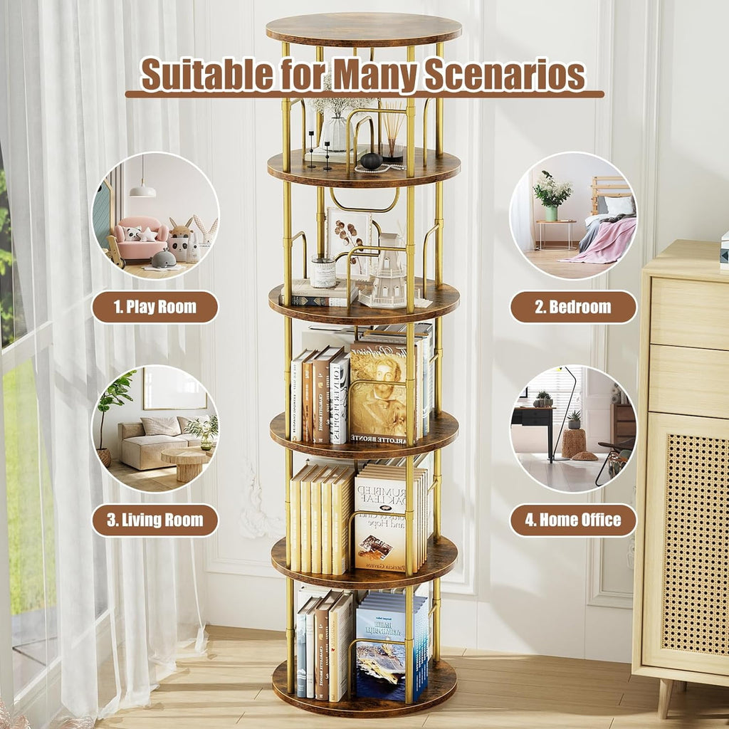 Flycity 5 Tier Rotate Bookcases, 360° Display Spin Bookcases Corner Shelf with Special Visible Partition Storage, Gold