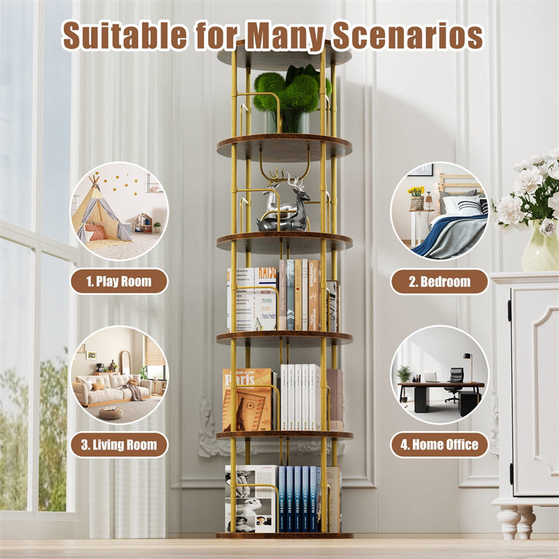 Flycity 5 Tier Rotating Bookshelf, 360° Display Rotating Bookcase Corner Storage Rack with Special Visible Partition Storage, Gold
