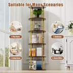 Flycity 5 Tier Rotating Bookshelf, 360° Display Rotating Bookcase Corner Storage Rack with Special Visible Partition Storage, Gold