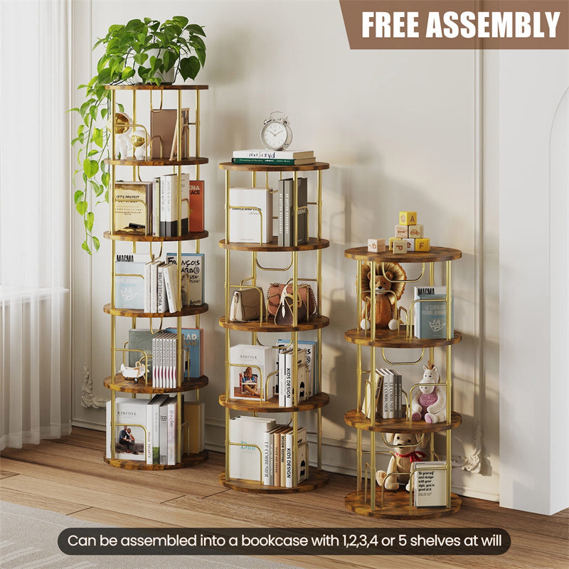 Flycity 5 Tier Rotating Bookshelf, 360° Display Rotating Bookcase Corner Storage Rack with Special Visible Partition Storage, Gold