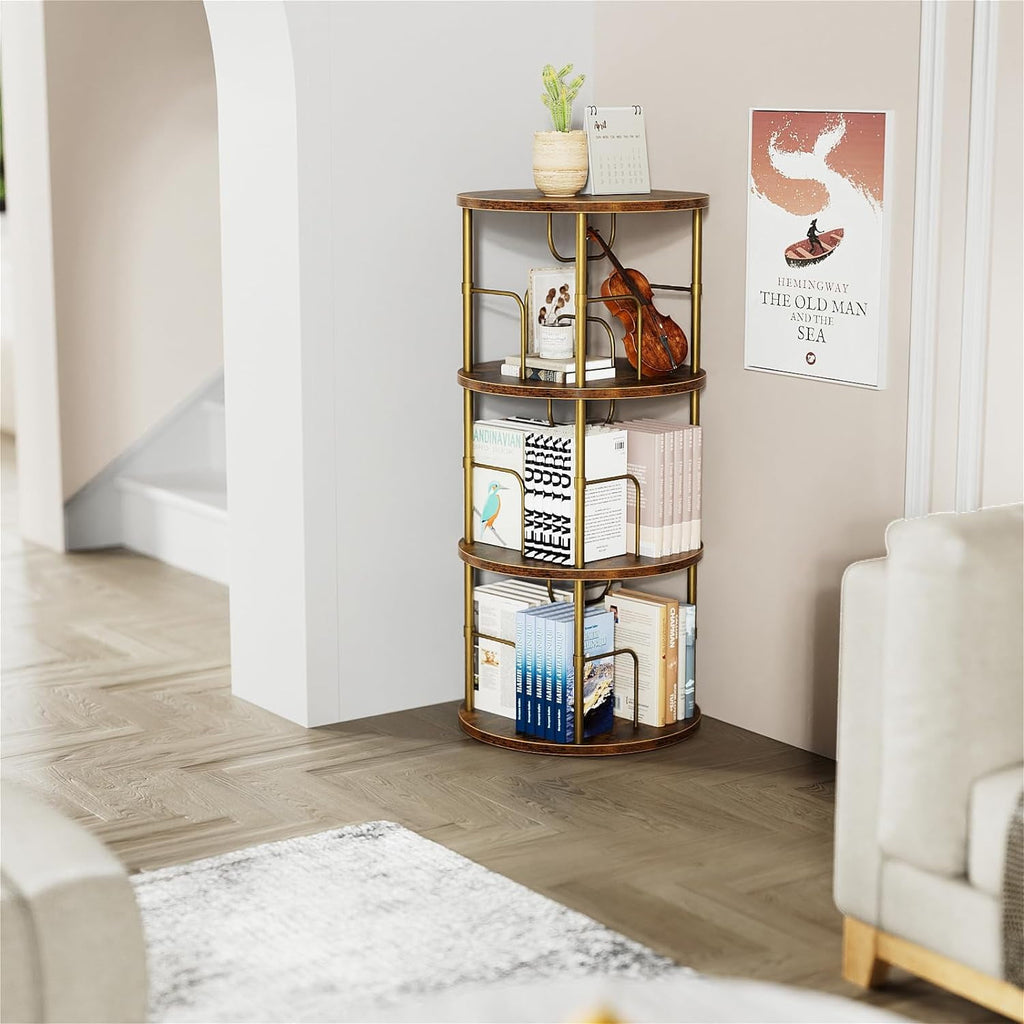 Flycity 3 Tier Rotate Bookcases, 360° Display Spin Bookcases Corner Shelf with Special Visible Partition Storage, Gold