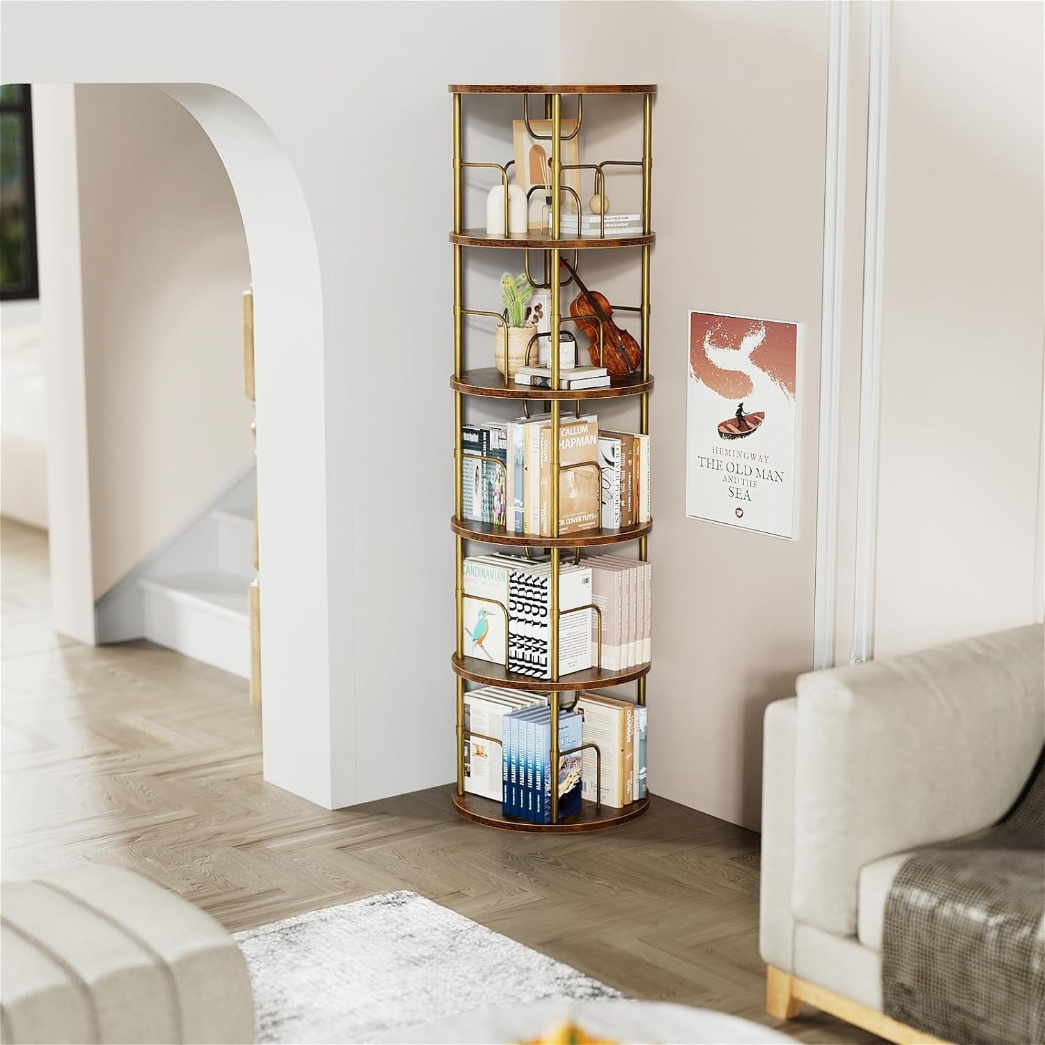Flycity 5 Tier Rotate Bookcases, 360° Display Spin Bookcases Corner Shelf with Special Visible Partition Storage, Gold