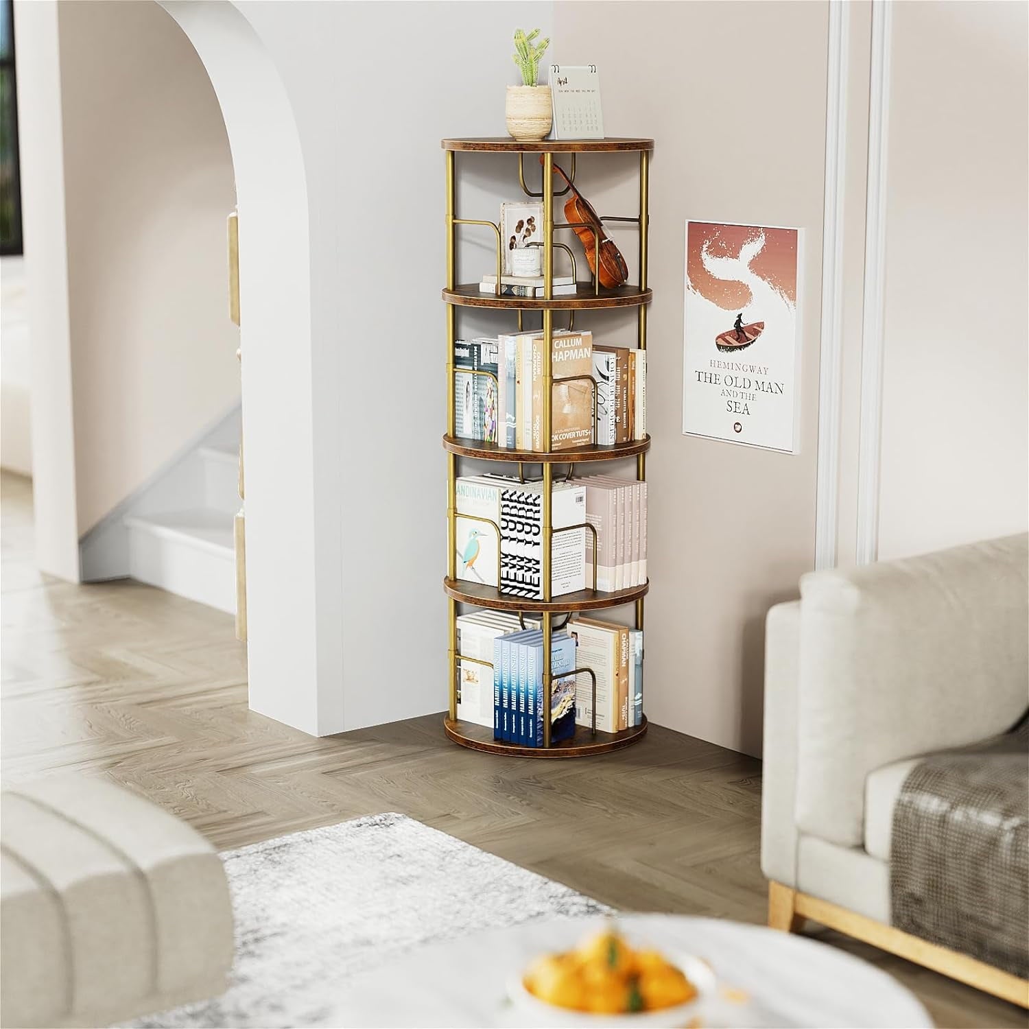 Flycity 4 Tier Rotating Bookshelf, 360Â° Display Rotating Bookcase Corner Storage Rack with Special Visible Partition Storage, Gold