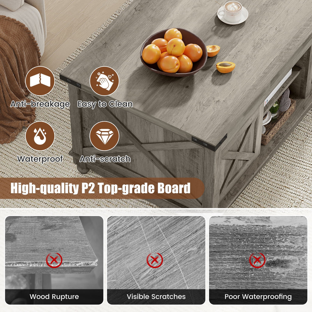 Flycity 48" Farmhouse Lift Top Coffee Table with Storage Sliding Barn Door, Pull up Coffee Table with Hidden Compartment for Living Room Bedroom, Gray