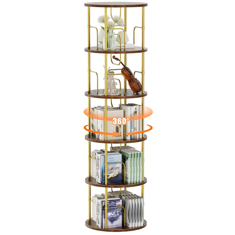 Flycity 5 Tier Rotating Bookshelf, 360° Display Rotating Bookcase Corner Storage Rack with Special Visible Partition Storage, Gold