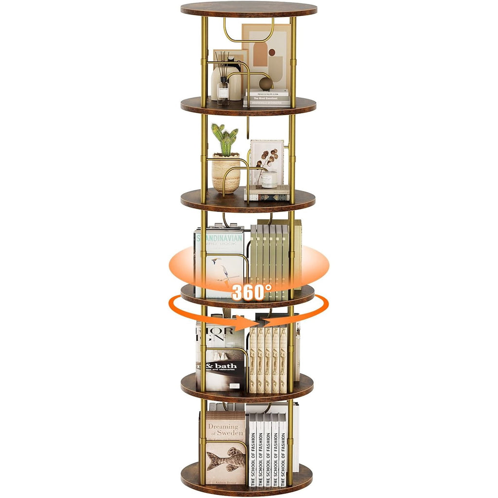 Flycity 5 Tier Rotate Bookcases, 360° Display Spin Bookcases Corner Shelf with Special Visible Partition Storage, Gold