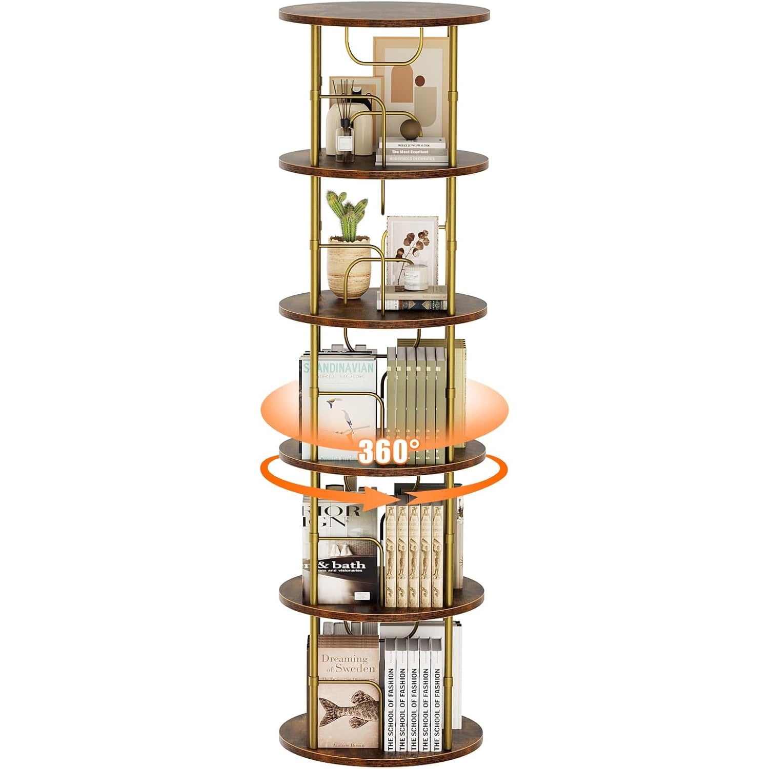 Flycity 5 Tier Rotate Bookcases, 360° Display Spin Bookcases Corner Shelf with Special Visible Partition Storage, Gold