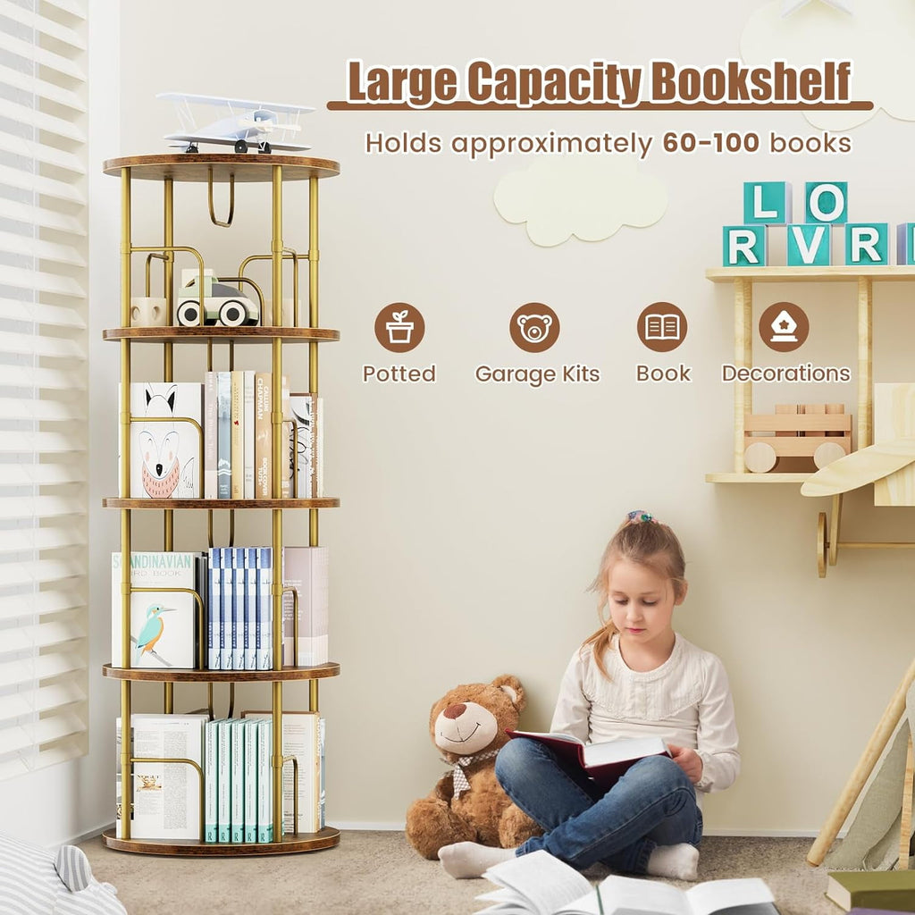 Flycity 4 Tier Rotating Bookshelf, 360Â° Display Rotating Bookcase Corner Storage Rack with Special Visible Partition Storage, Gold