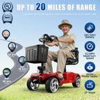 Flycity 24V 4 Wheel Mobility Scooter for Seniors, Foldable 30 Miles Long Range Electric Scooter with LED Lights and Basket, 20Ah Electric Powered Wheelchair Device for Adults, Red