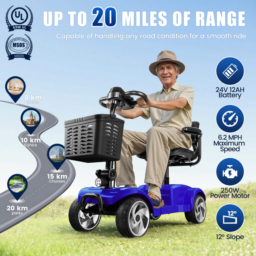 Flycity 24V 4 Wheel Mobility Scooter for Seniors, Foldable 30 Miles Long Range Electric Scooter with LED Lights and Basket, 20Ah Electric Powered Wheelchair Device for Adults, Blue