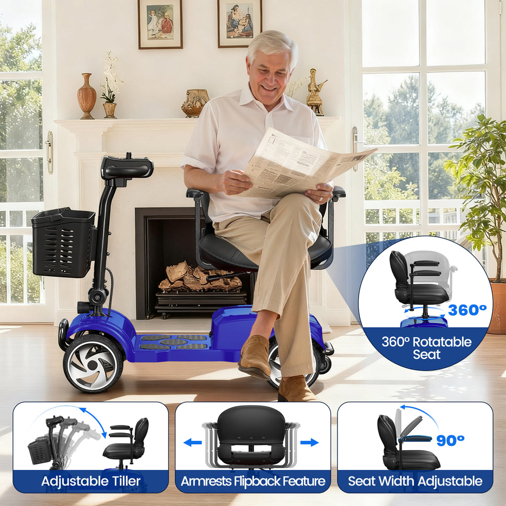 Flycity 24V 4 Wheel Mobility Scooter for Seniors, Foldable 30 Miles Long Range Electric Scooter with LED Lights and Basket, 20Ah Electric Powered Wheelchair Device for Adults, Blue