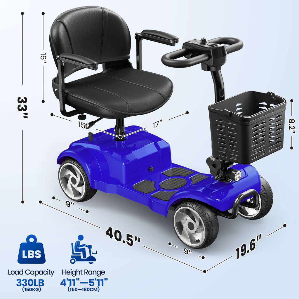 Flycity 24V 4 Wheel Mobility Scooter for Seniors, Foldable 30 Miles Long Range Electric Scooter with LED Lights and Basket, 20Ah Electric Powered Wheelchair Device for Adults, Blue