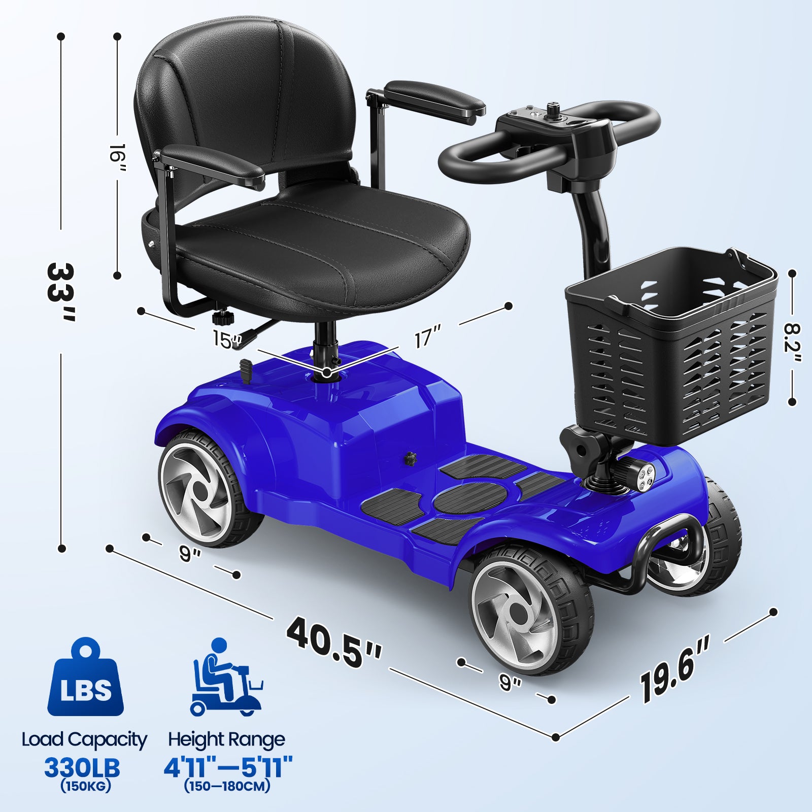 Flycity 24V 4 Wheel Mobility Scooter for Seniors, Foldable 30 Miles Long Range Electric Scooter with LED Lights and Basket, 20Ah Electric Powered Wheelchair Device for Adults, Blue