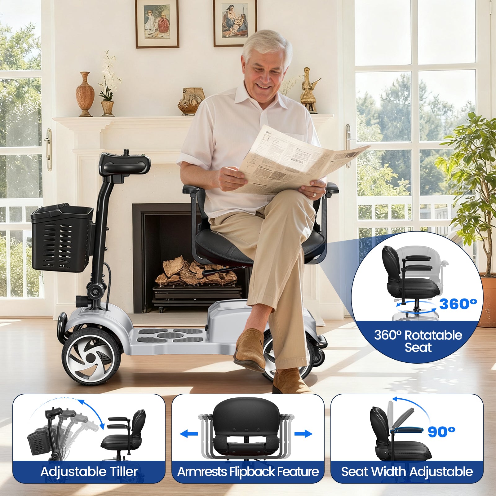 Flycity 24V 4 Wheel Mobility Scooter for Seniors, Foldable 30 Miles Long Range Electric Scooter with LED Lights and Basket, 20Ah Electric Powered Wheelchair Device for Adults, Silver
