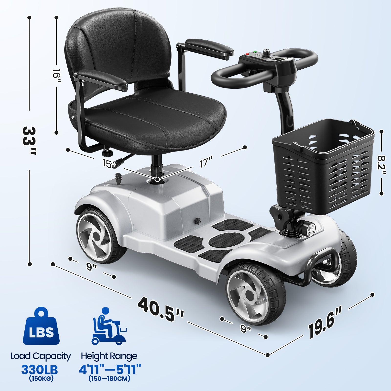 Flycity 24V 4 Wheel Mobility Scooter for Seniors, Foldable 30 Miles Long Range Electric Scooter with LED Lights and Basket, 20Ah Electric Powered Wheelchair Device for Adults, Silver