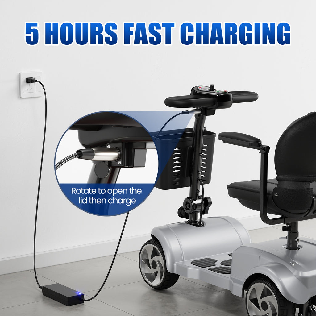 Flycity 24V 4 Wheel Mobility Scooter for Seniors, Foldable 30 Miles Long Range Electric Scooter with LED Lights and Basket, 20Ah Electric Powered Wheelchair Device for Adults, Silver