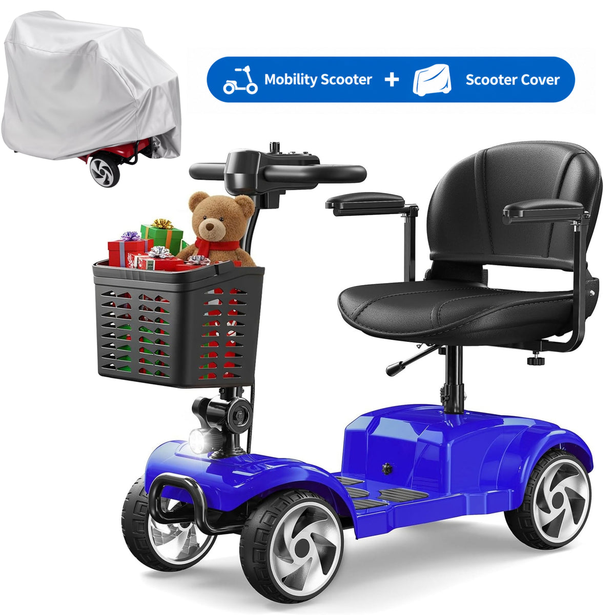 Flycity 24V 4 Wheel Mobility Scooter for Seniors, Foldable 20 Miles Long Range Electric Scooter with Scooter Cover, 12Ah Electric Powered Wheelchair Device for Adults, Blue