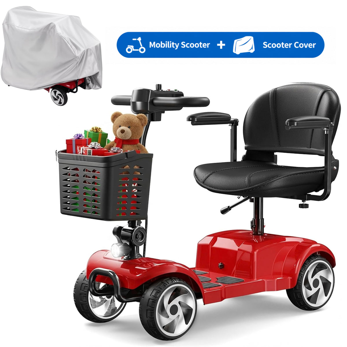 Flycity 24V 4 Wheel Mobility Scooter for Seniors, Foldable 20 Miles Long Range Electric Scooter with Scooter Cover , 12Ah Electric Powered Wheelchair Device for Adults, Red
