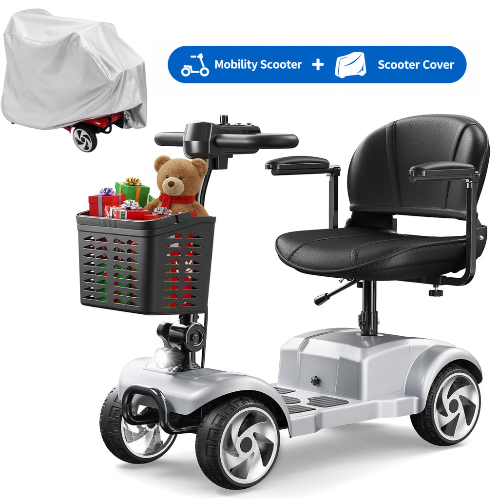 Flycity 24V 4 Wheel Mobility Scooter for Seniors, Foldable 30 Miles Long Range Electric Scooter with Scooter Cover, 20Ah Electric Powered Wheelchair Device for Adults, Sliver
